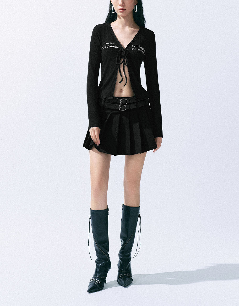 Letter Printed Tie Front Knitted Shirt