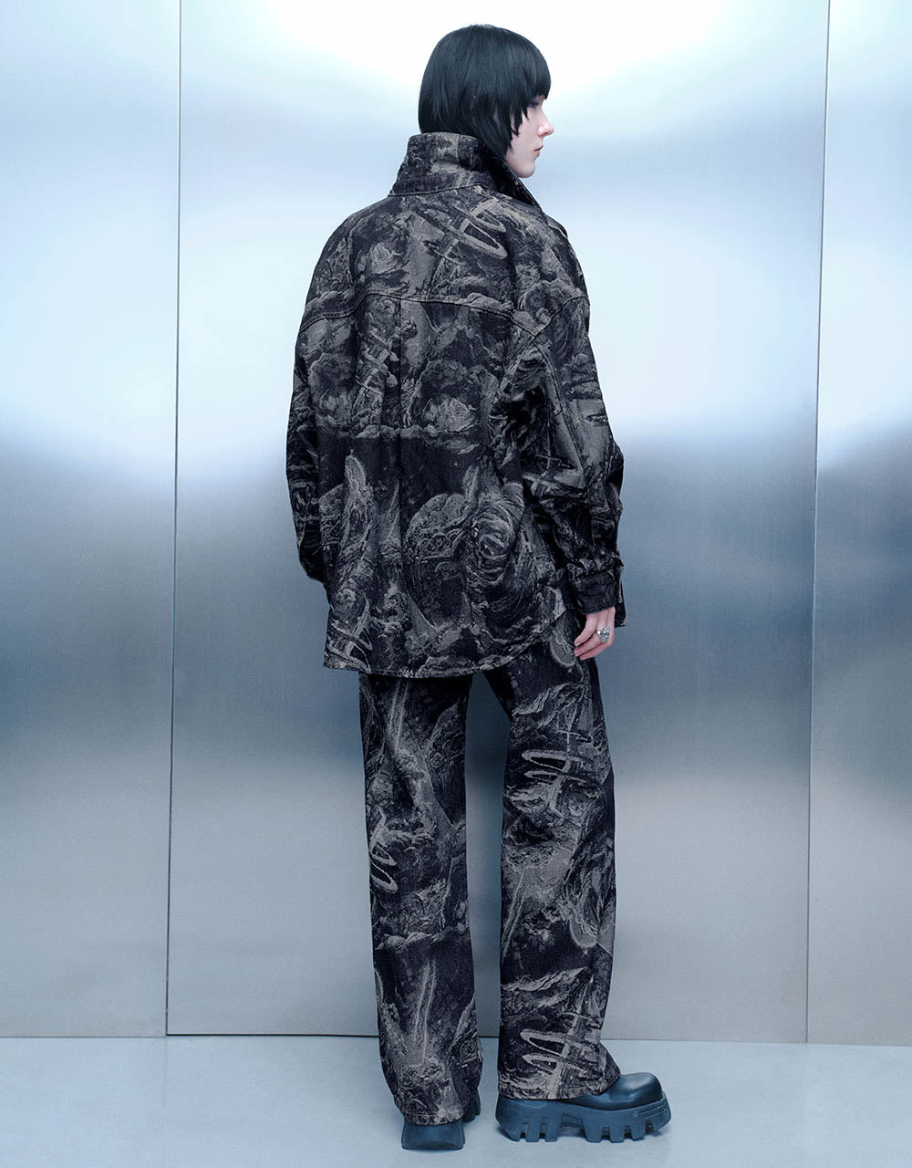 Printed Drop Shoulder Sleeve Denim Jacket