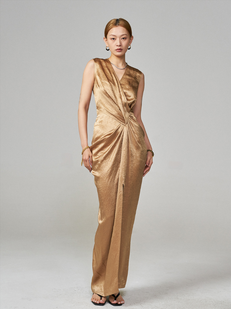 wrinkled satin effect dress zw collection ZARA NWT $159 WOMAN PLEATED WRINKLED DRESS ZW COLLECTION LIGHT KHAKI 2488/331