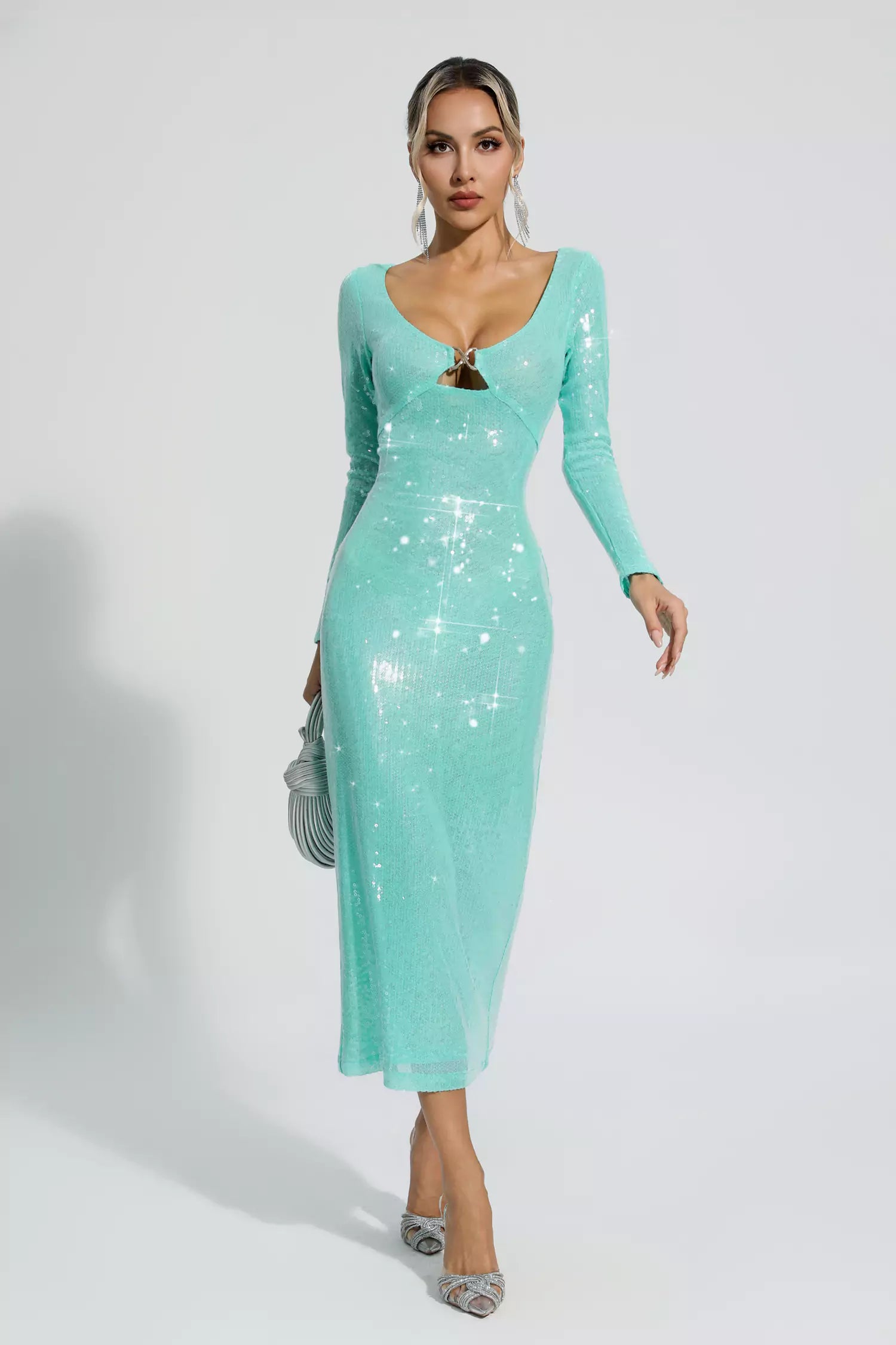 Winnie Green Long Sleeve Sequin Midi Dress – FancyAdd