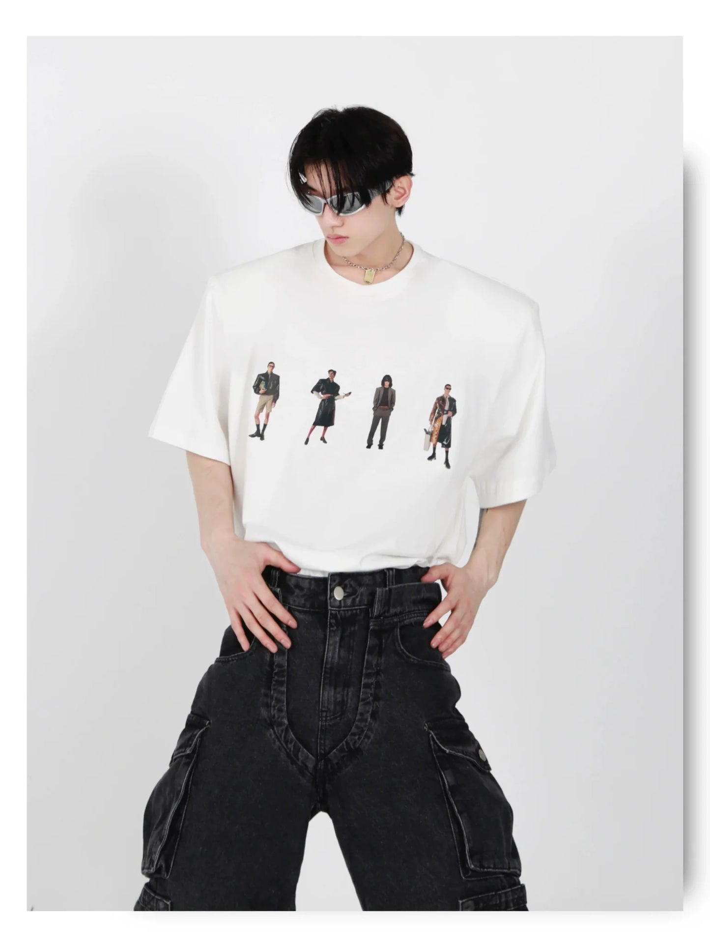 Minimalist Casual Cotton T-Shirt with Removable Shoulder Pads & Printed