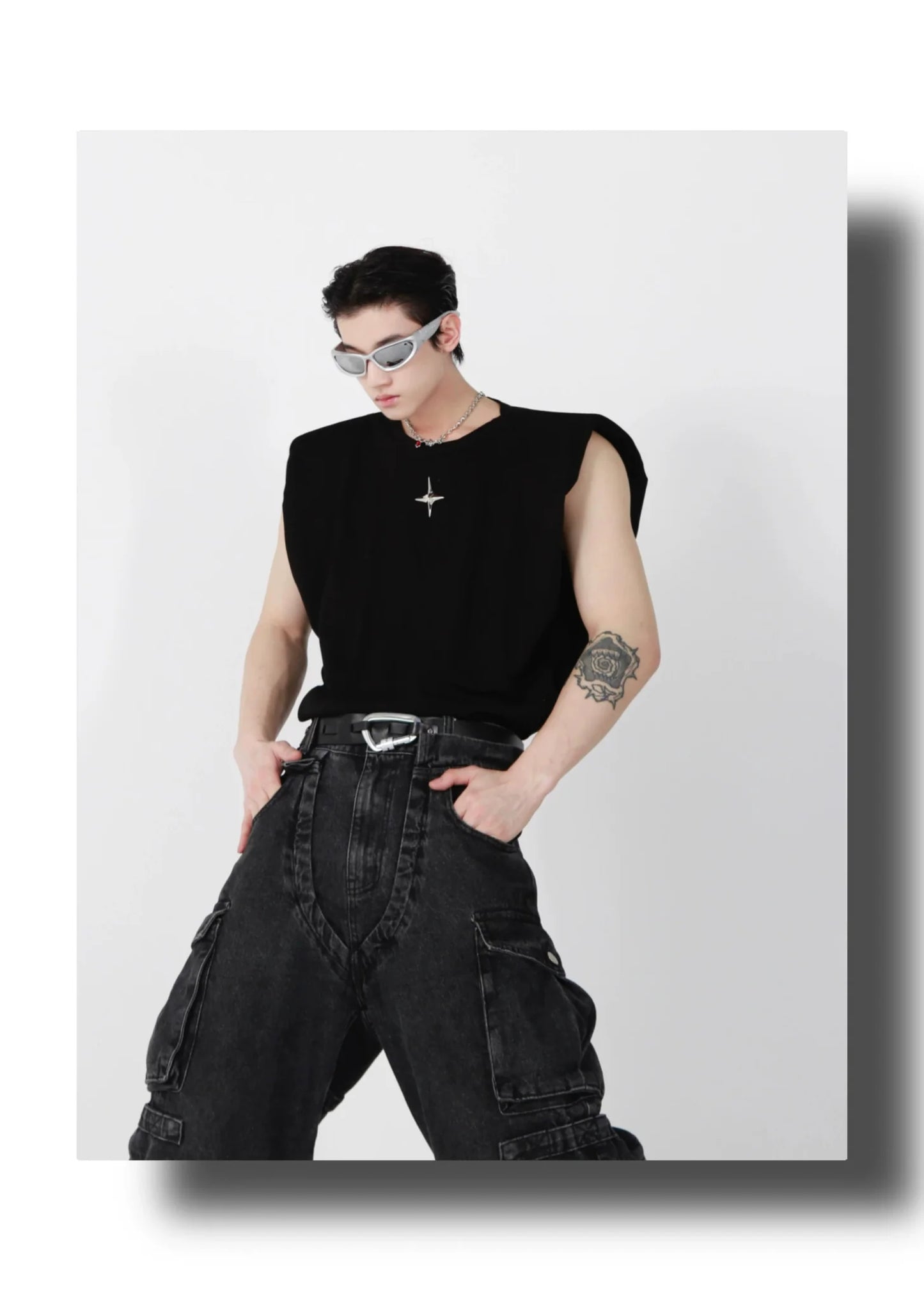 Minimalist Loose-Fit Vest / Tank Top with Padded Shoulders & Metallic Logo