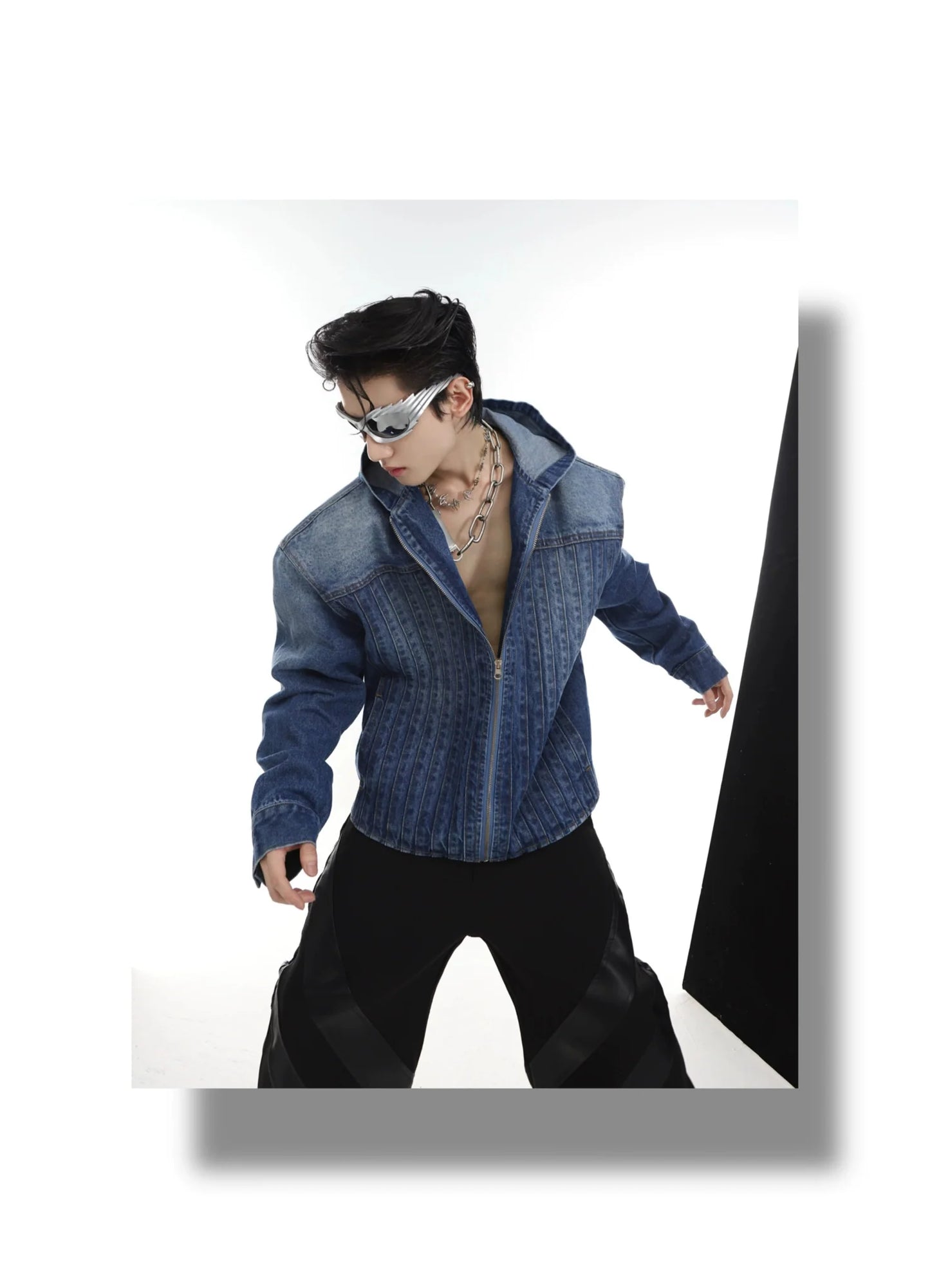 Pleated Wash Hooded Denim Jacket | Padded Shoulder Structured Top for Fashion