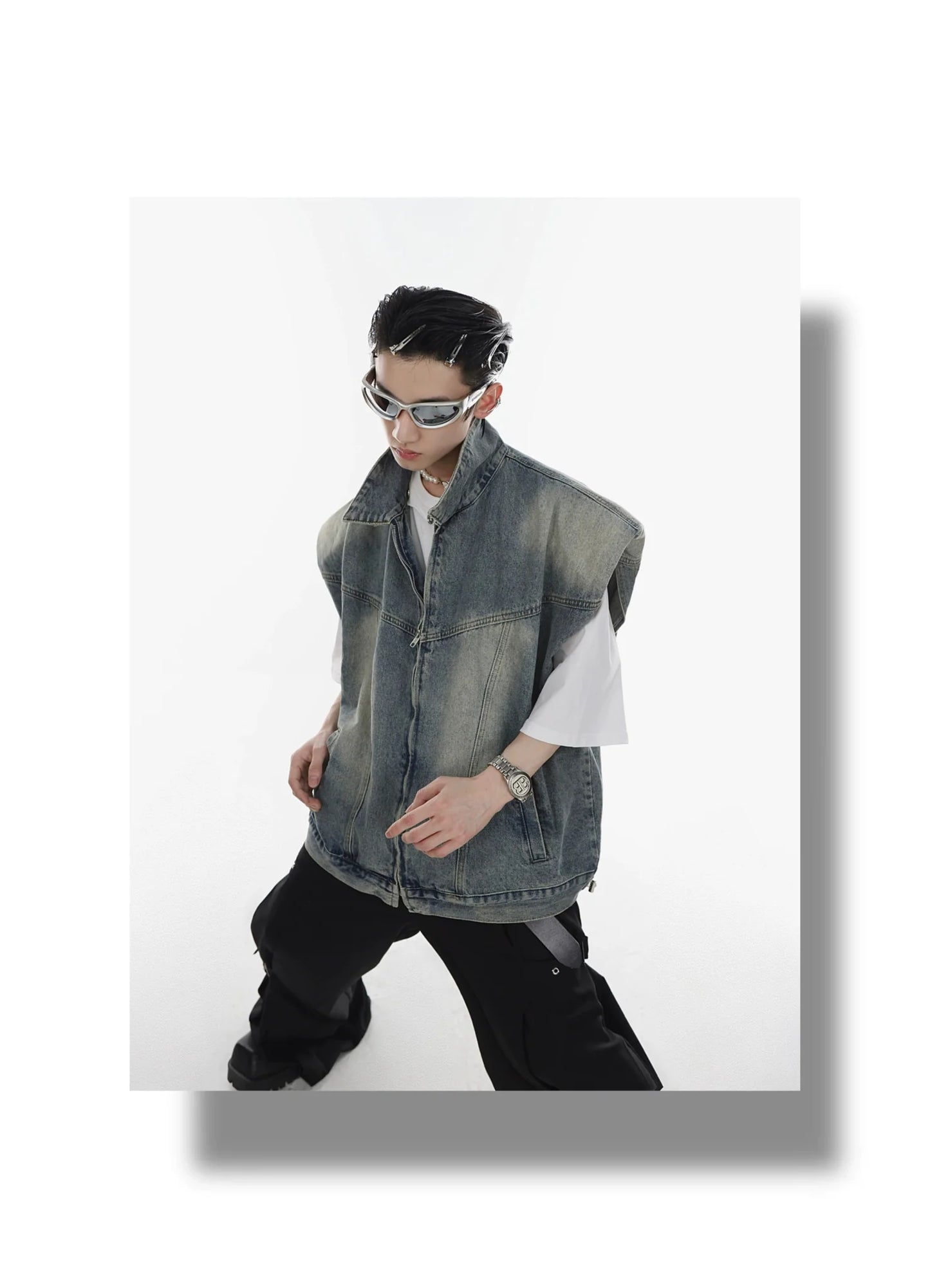 Summer Vintage Wash Denim Padded Shoulder Vest | Zippered Sleeveless Top