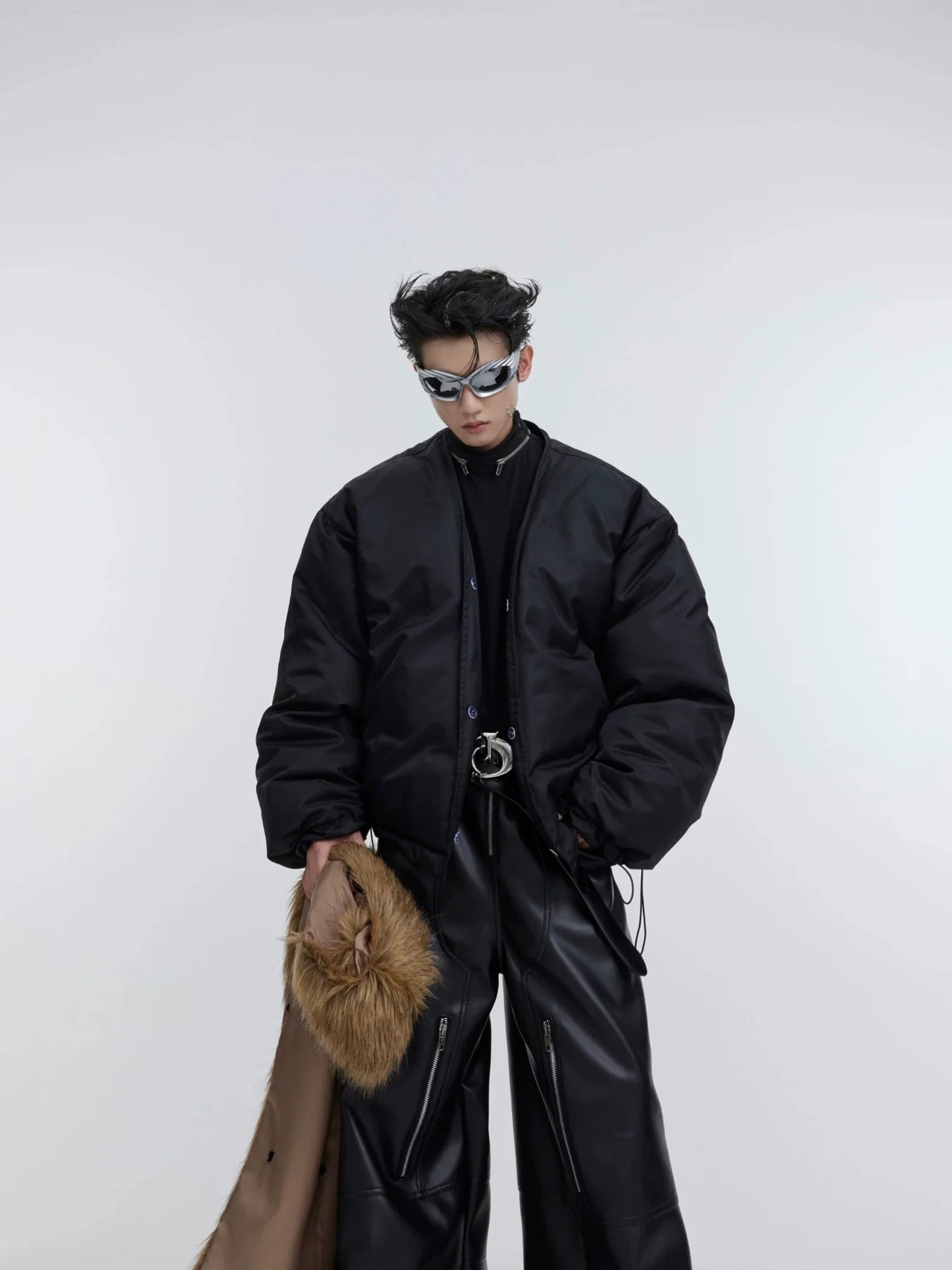 Unique Detachable Faux Fur Collar Puffer Jacket | Bold Color-Block Oversized Coat