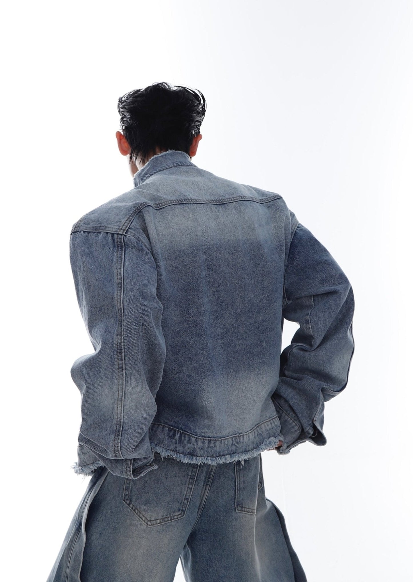 Vintage Wash Padded Shoulder Denim Jacket | Multi-Pocket Patchwork Short Coat