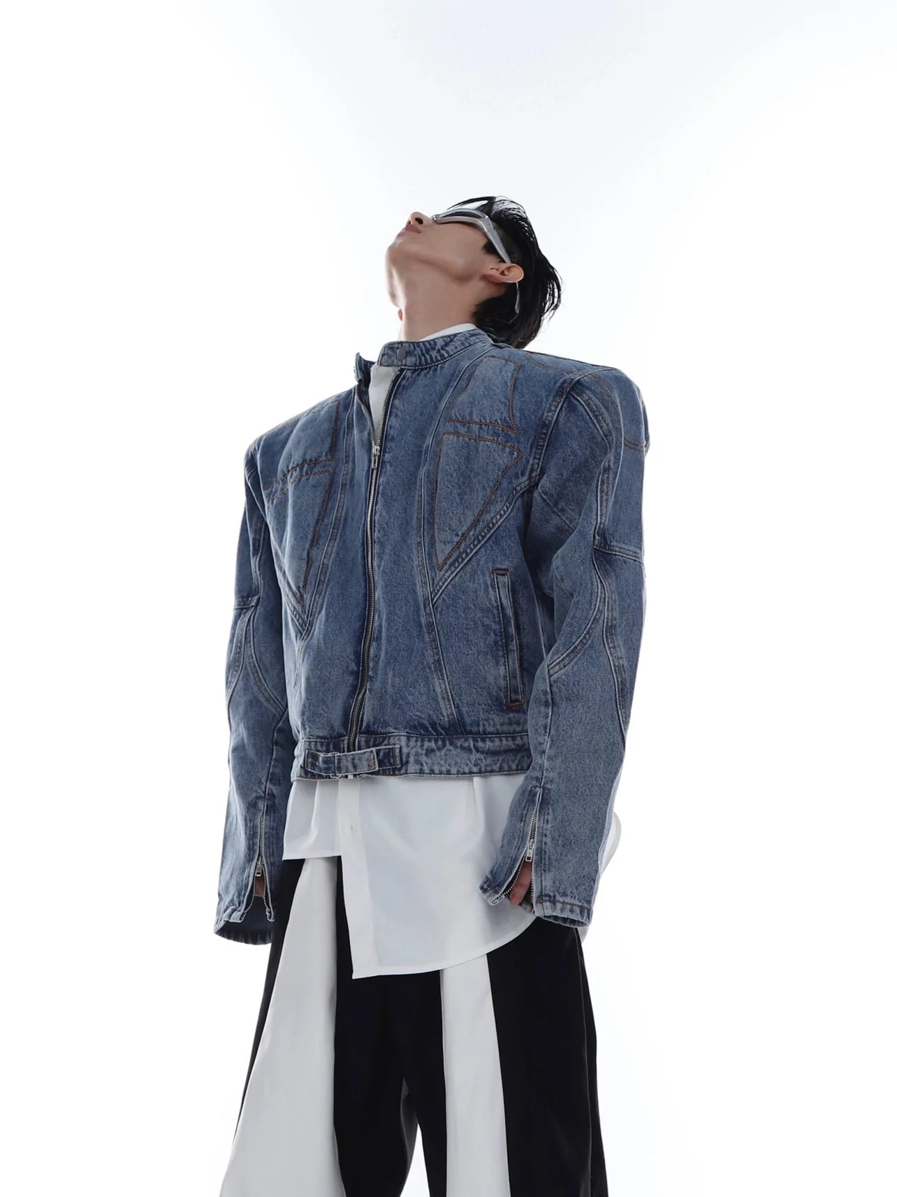 Vintage Wash Padded Shoulder Short Denim Jacket | 3D Deconstructed Biker Coat