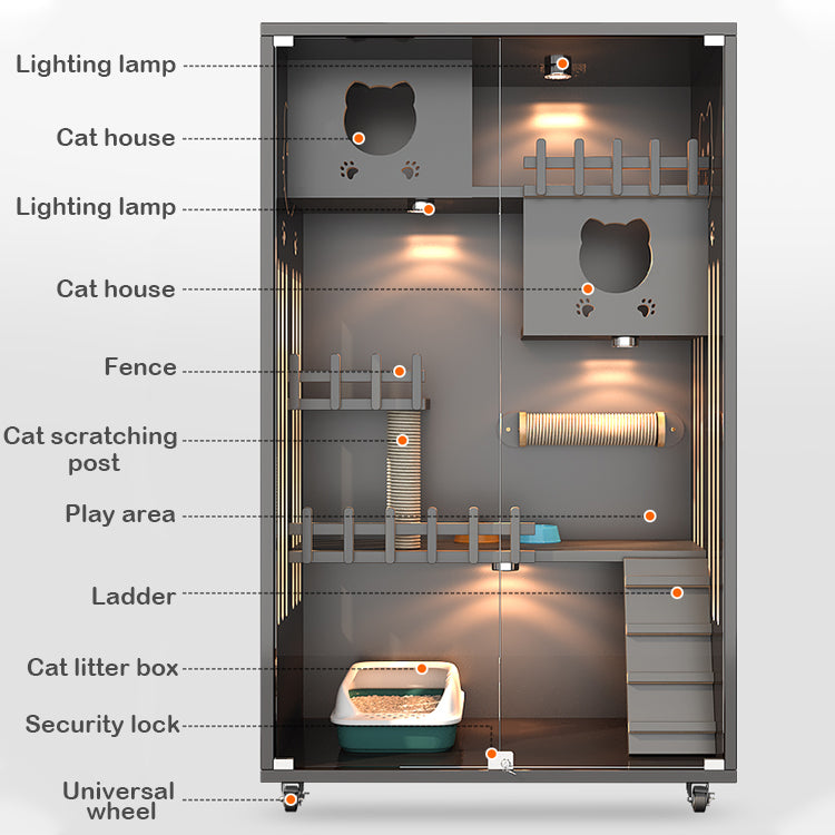 럭셔리 고양이 집 경사로와 지붕, 조명 및 바퀴가 있는 대형 목조 고양이 빌라