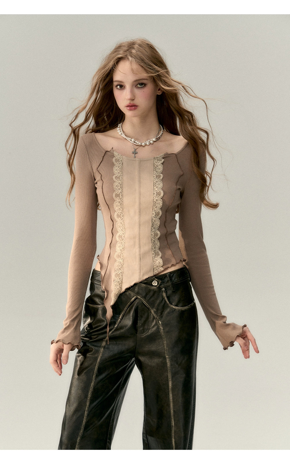 グレーグリーン&カーキレースパッチワークニットセーター