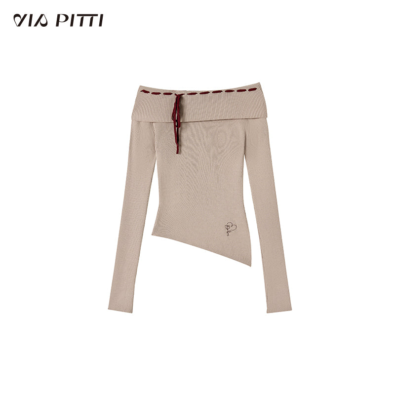 ブラック&ブラウン オフショルダー ニット ロングスリーブ Tシャツ