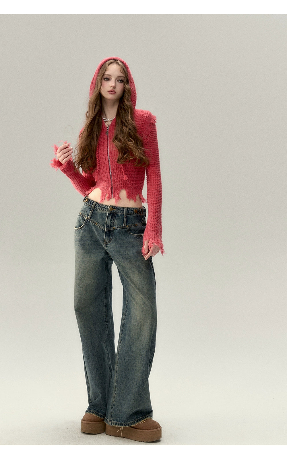프린지 와플 니트 카디건