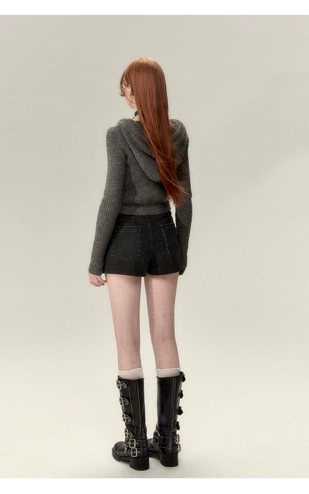 コーヒー&グレーのパッチワークドローストリングパーカー