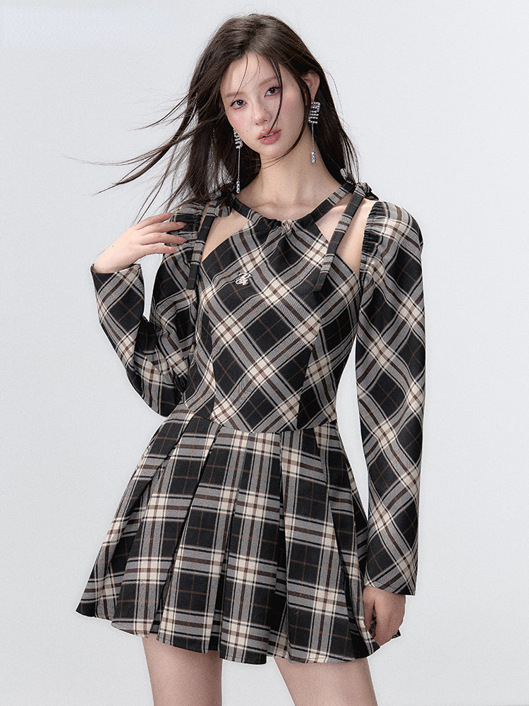 Black Plaid A-line Halter Mini Dress  FancyAdd