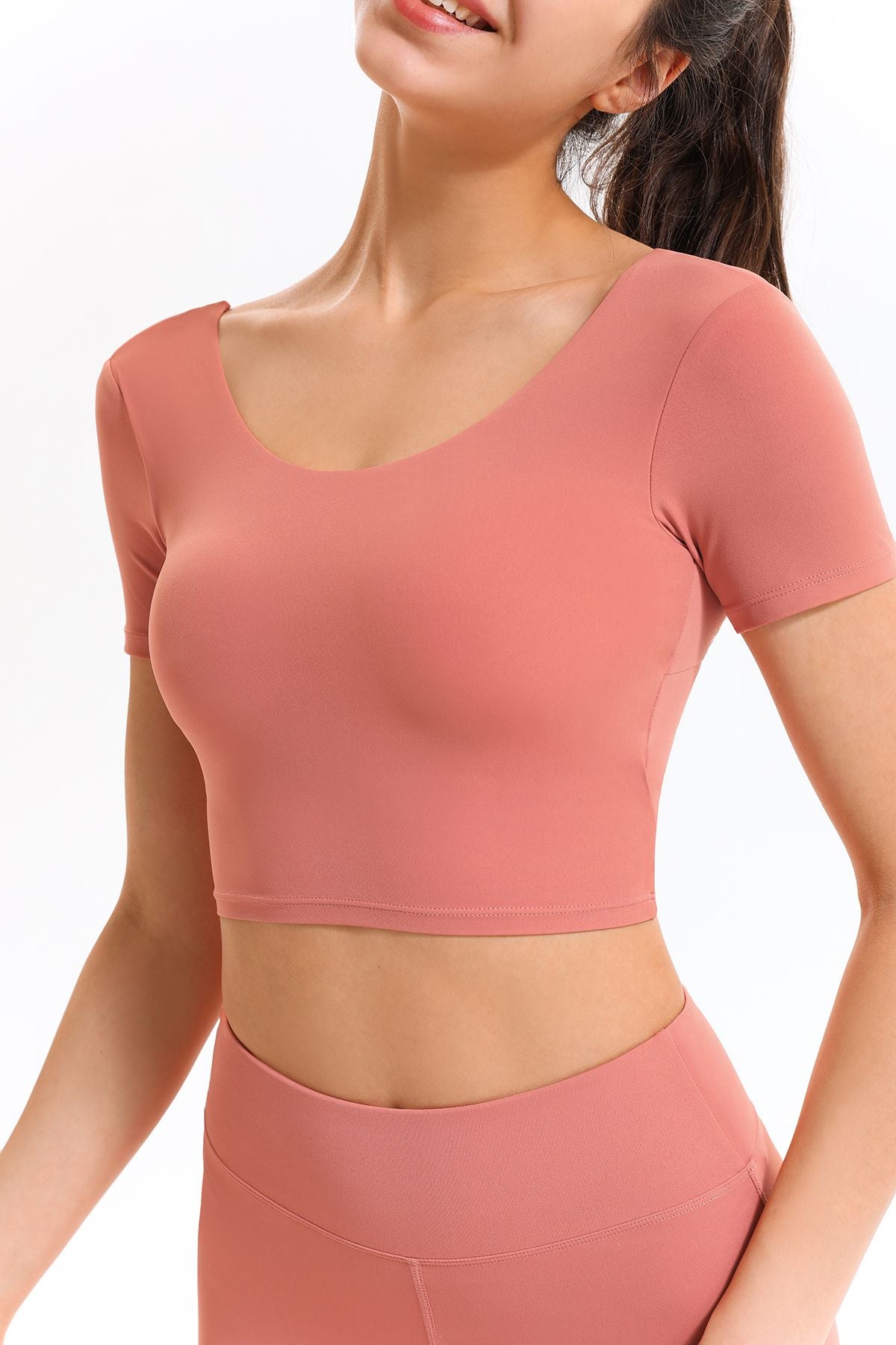 U Neck Short Sleeve Shirts Built-in Bra