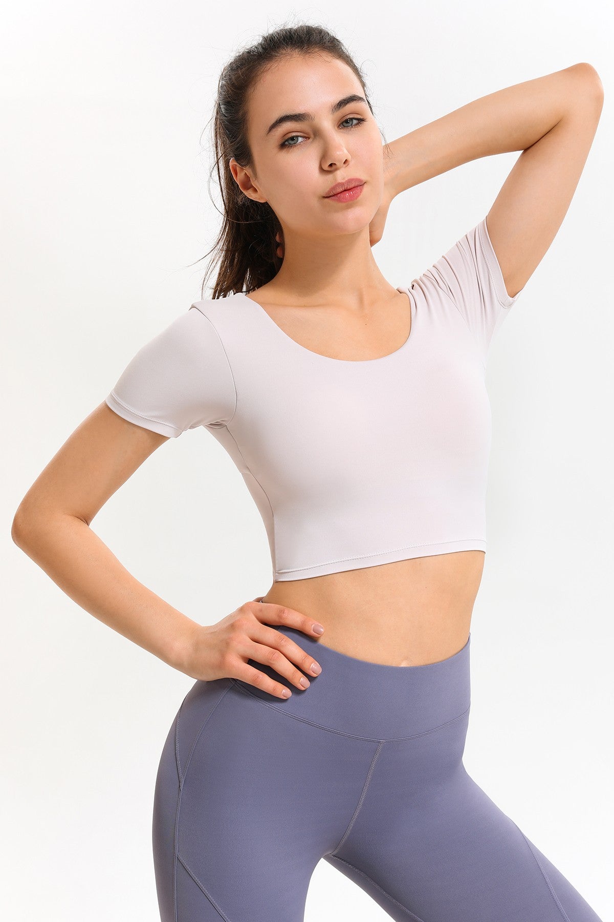 U Neck Short Sleeve Shirts Built-in Bra