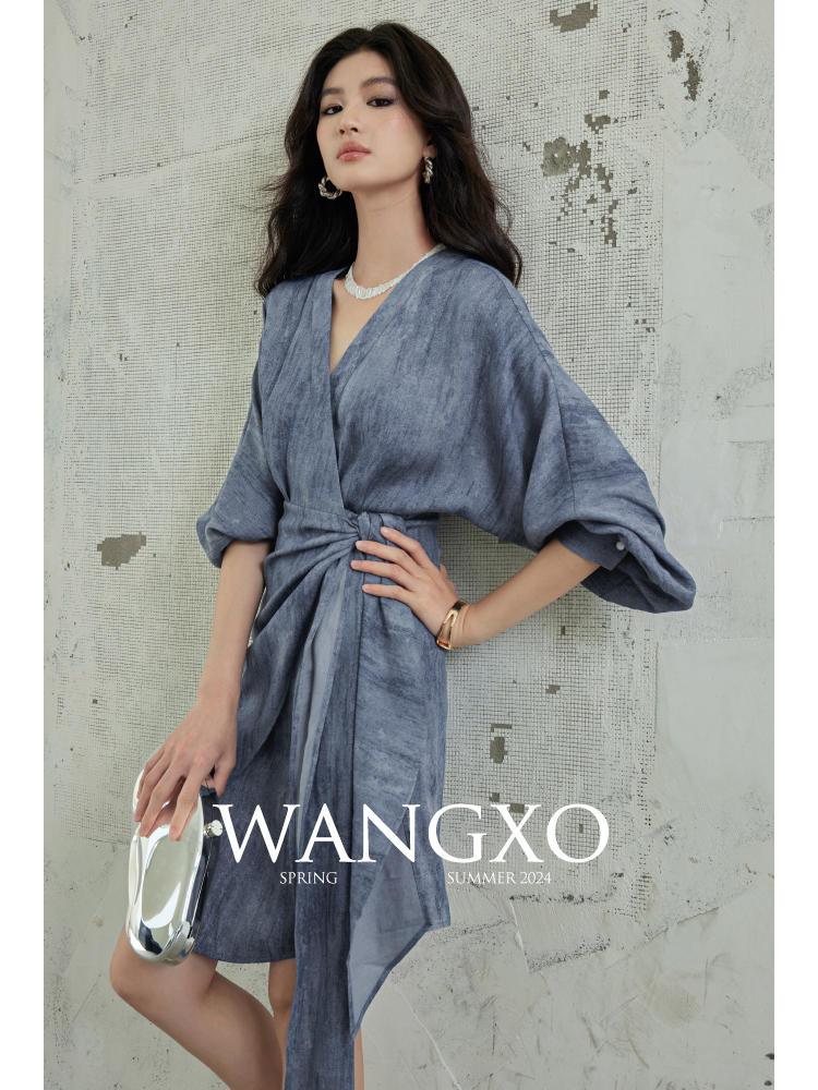 Cross V-neck Linen Dress with Waist Tie