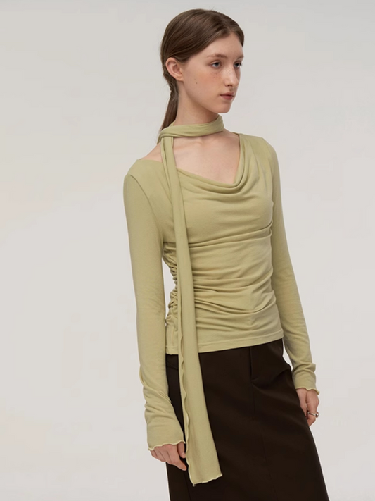 Relaxed Cowl Neck Halter Knit Top in Green