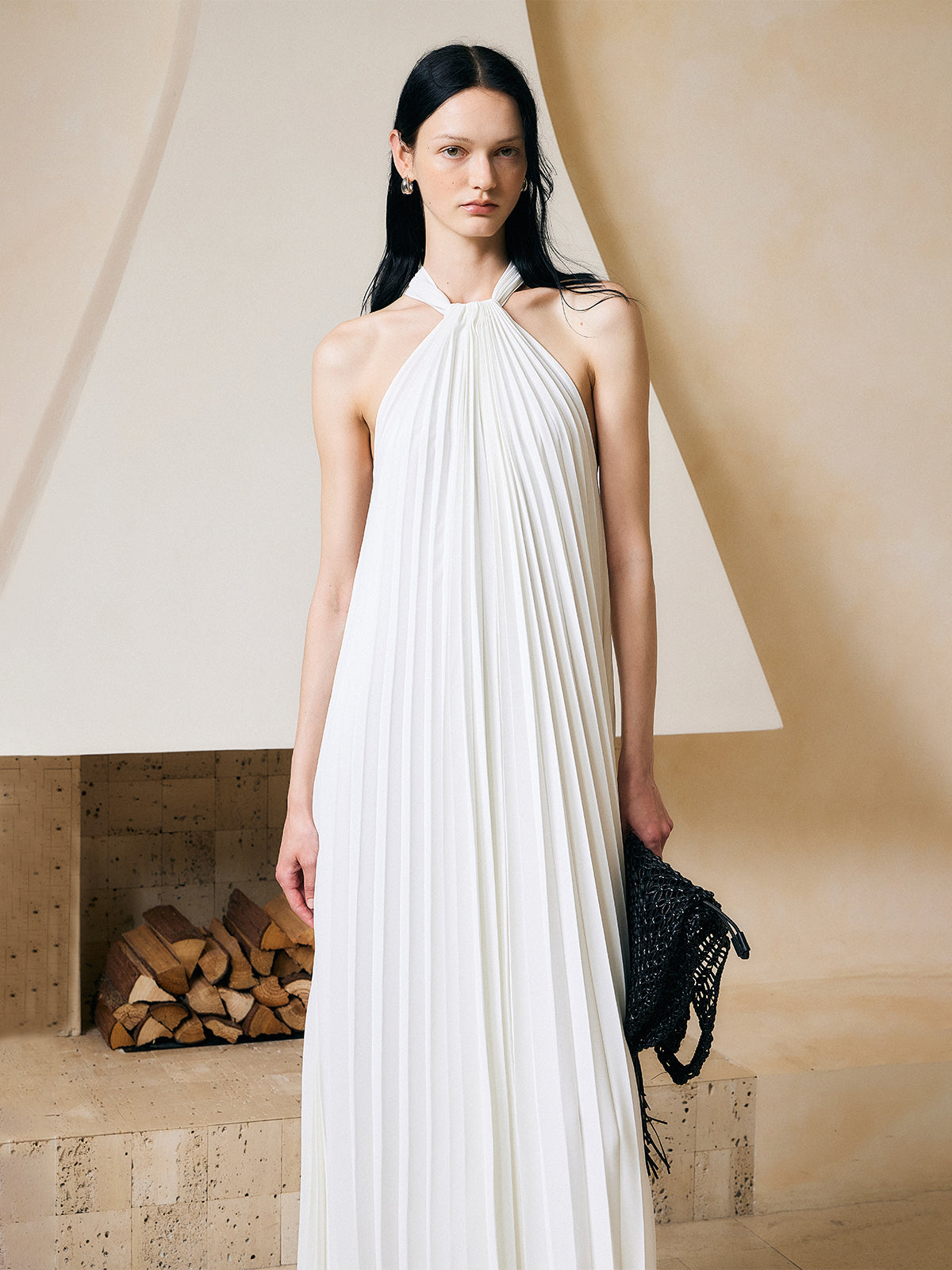 Elegant White Pleated Halter A-line Dress