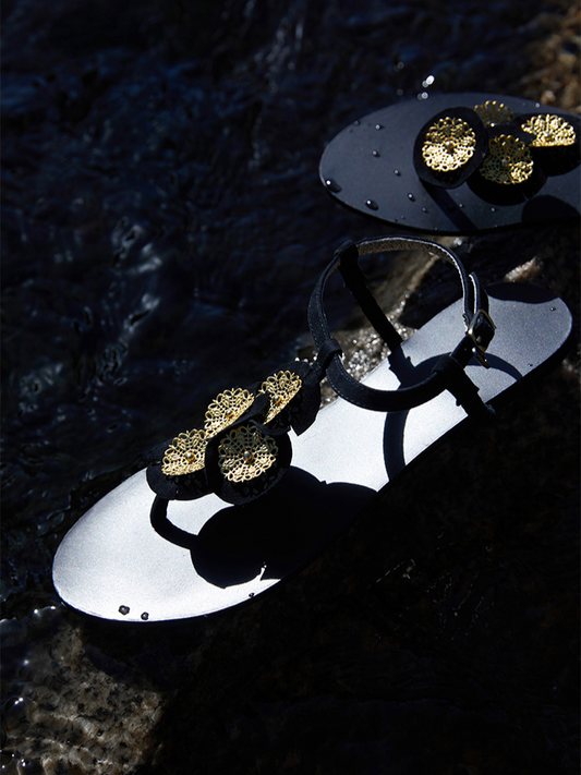 Designer Black Gilded Toe-Ring Roman Sandals