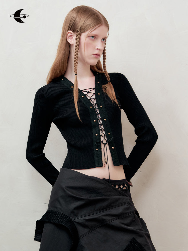 레이스업 섹시 니치 씬 니트 