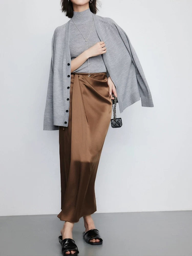 Satin Wrap Slit Maxi Skirt in Brown