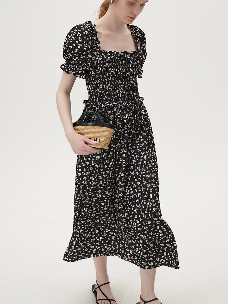 Black Floral Puff Sleeve Midi Tea Dress