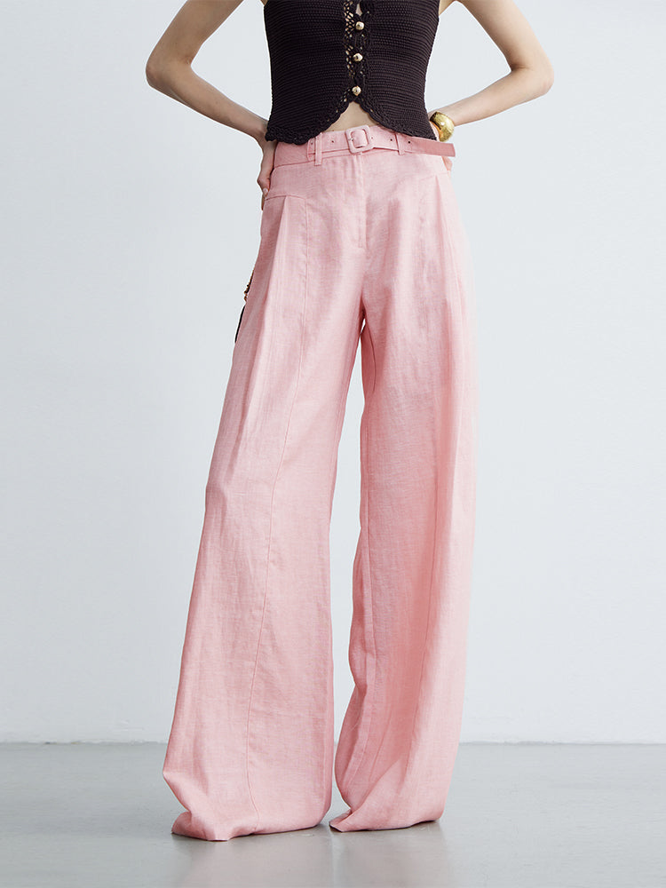 Vintage Wide-Leg Linen Pants with Belt