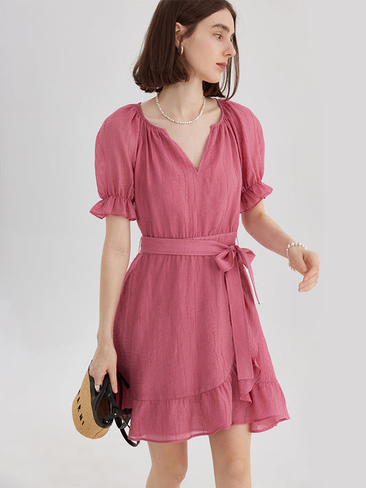 V-neck Tie-Waist Bubble Sleeve Dress