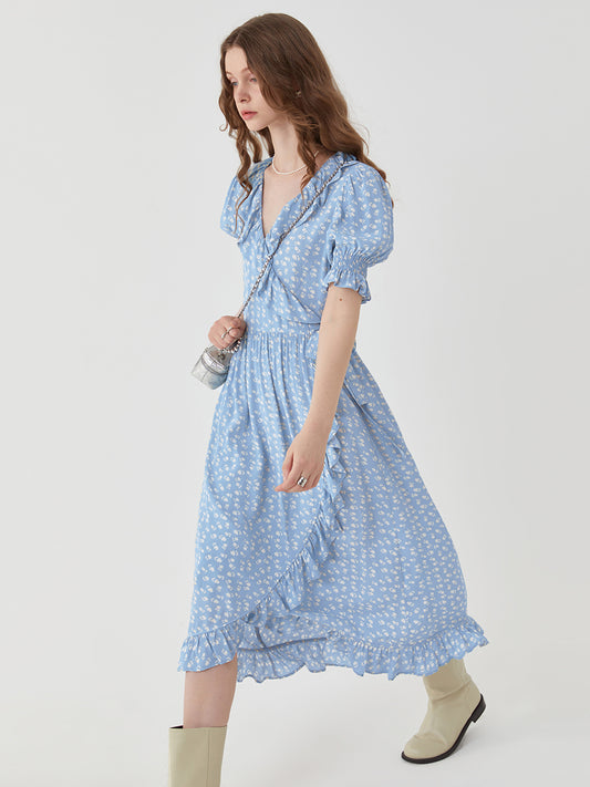 Floral Waist-Cinching Bubble Sleeve Maxi Dress