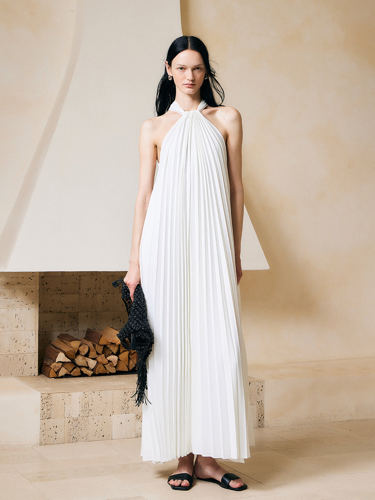 Elegant White Pleated Halter A-line Dress