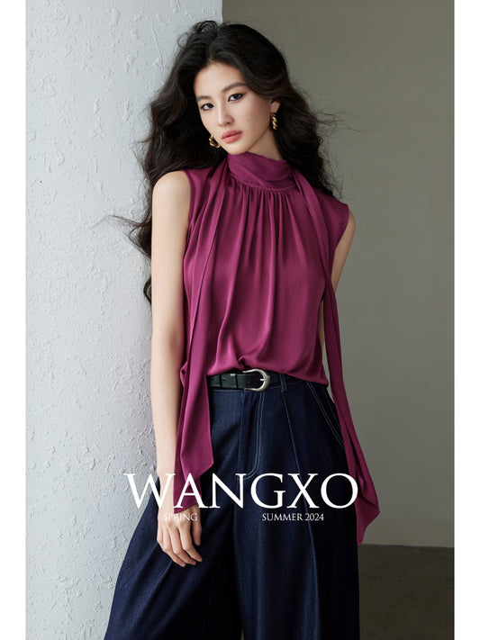 Satin Texture Sleeveless Top with High Neck and Tie