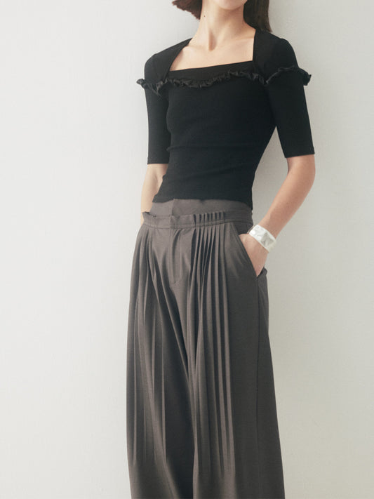 Breathable Ruffle Trim Pleated Wide-Leg Pants