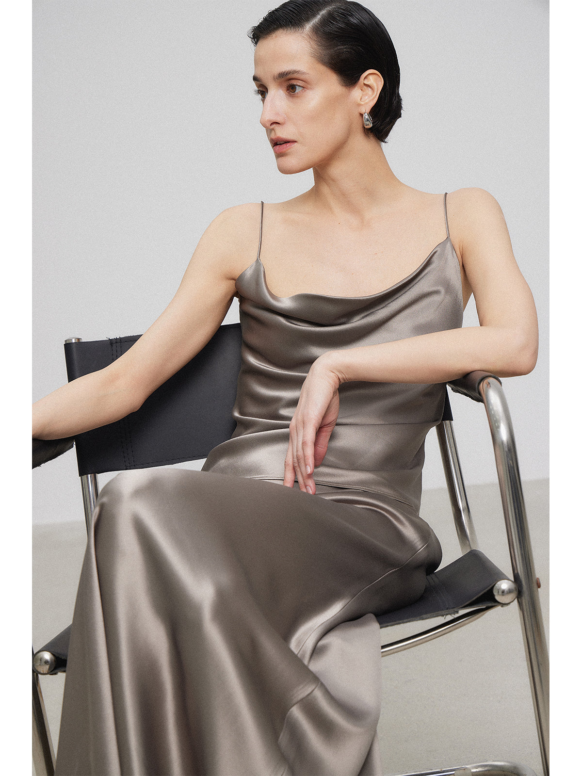 Shiny Satin Acetate Cami and Midi Skirt Set