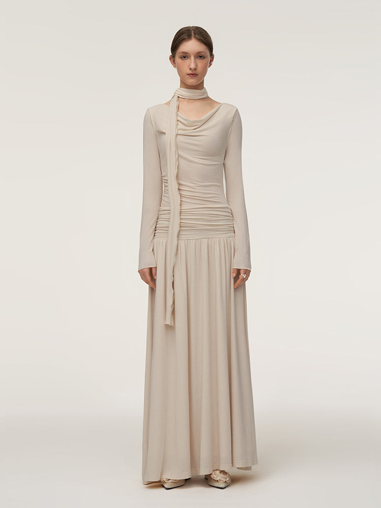 Soft Draped Cowl Neck Ruched Halter Maxi Dress