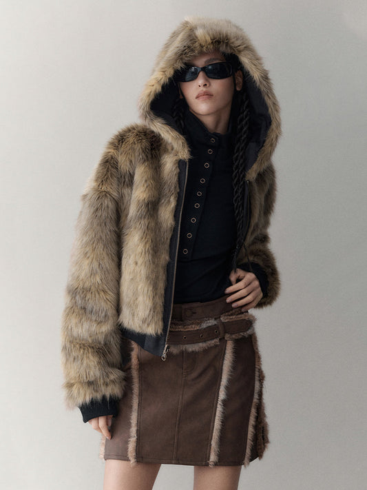 가죽&amp;퍼 쇼트 니치 사다리꼴 미니 스커트 