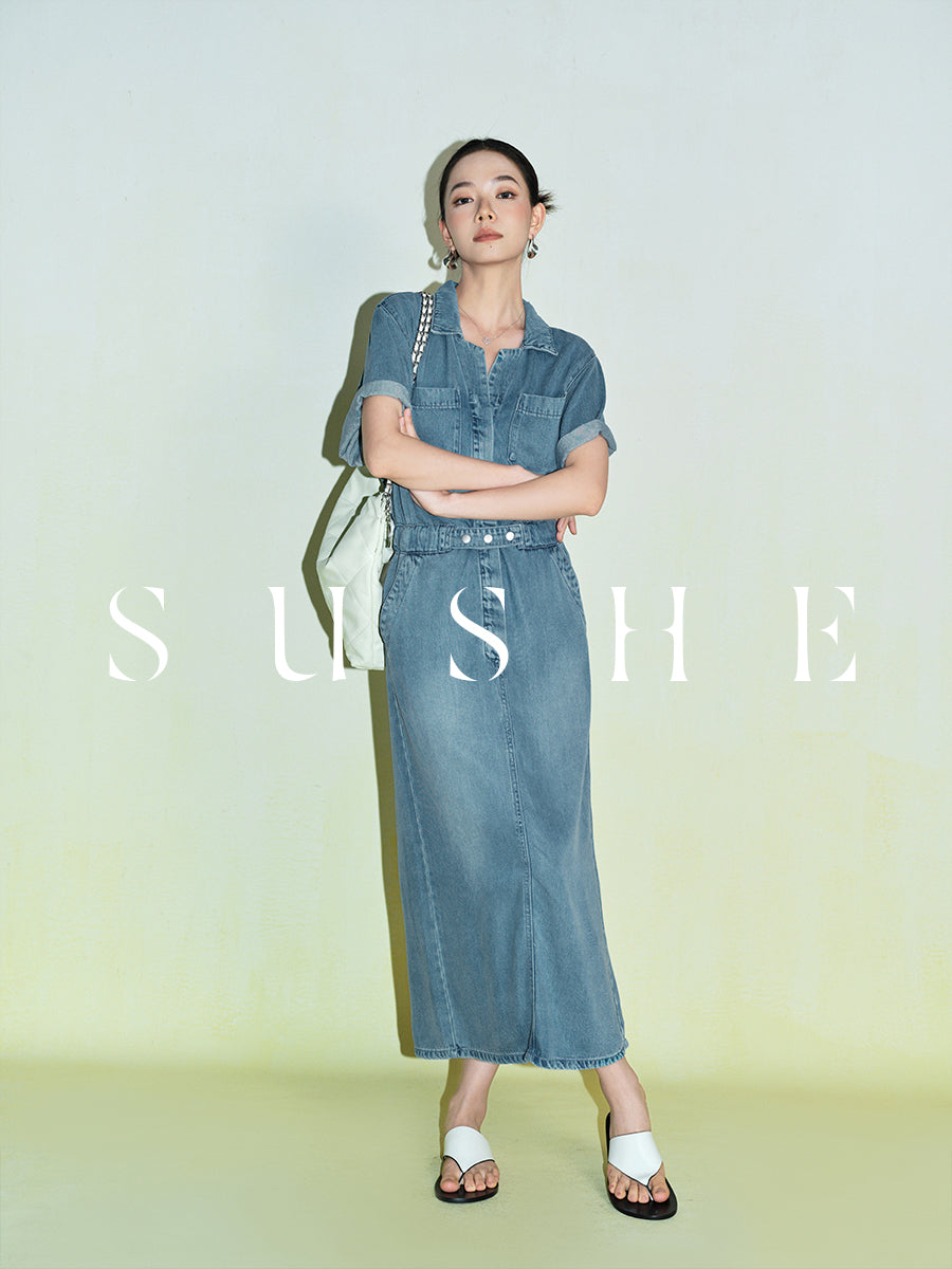 Tencel Denim Long Dress – Short Sleeve