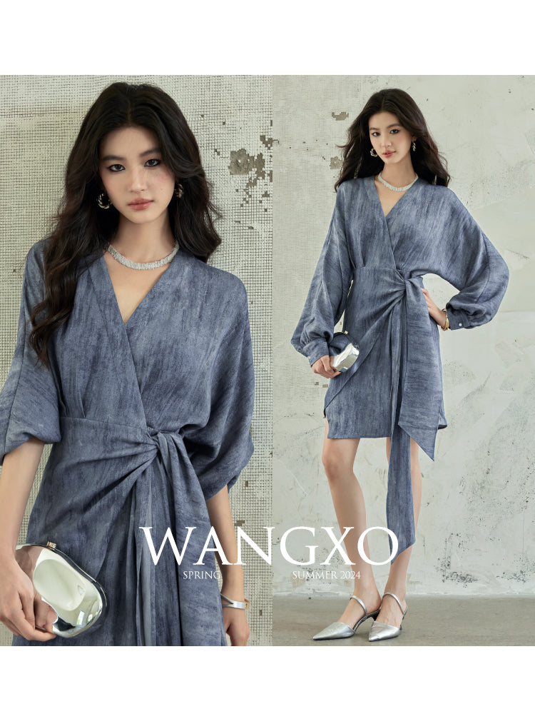 Cross V-neck Linen Dress with Waist Tie