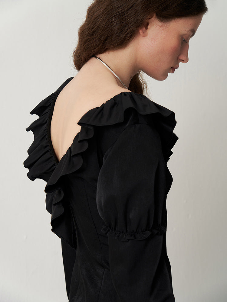 Satin Ruffle V-Neck Lantern Sleeve Blouse