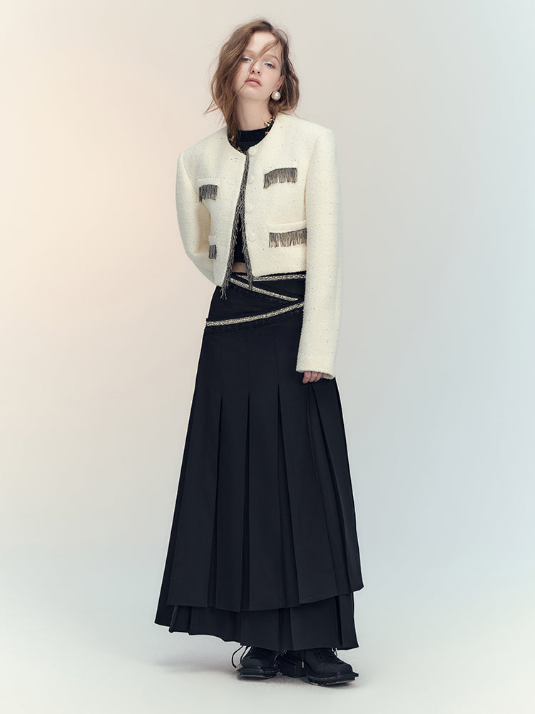 Suit Tassel Wool No-Collar Chic Classy Jacket＆Mini-Skirt