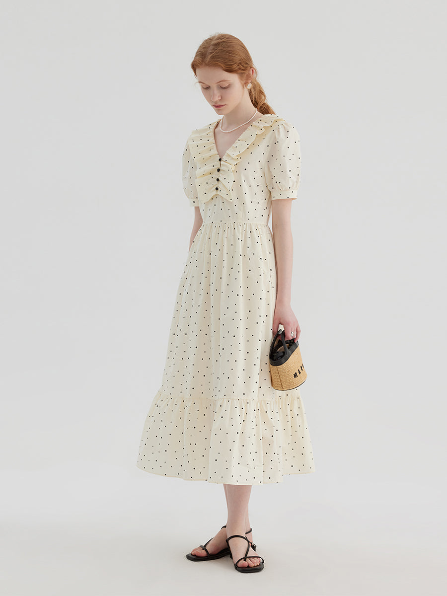 Irregular Polka Dot Ruffle V-neck Dress