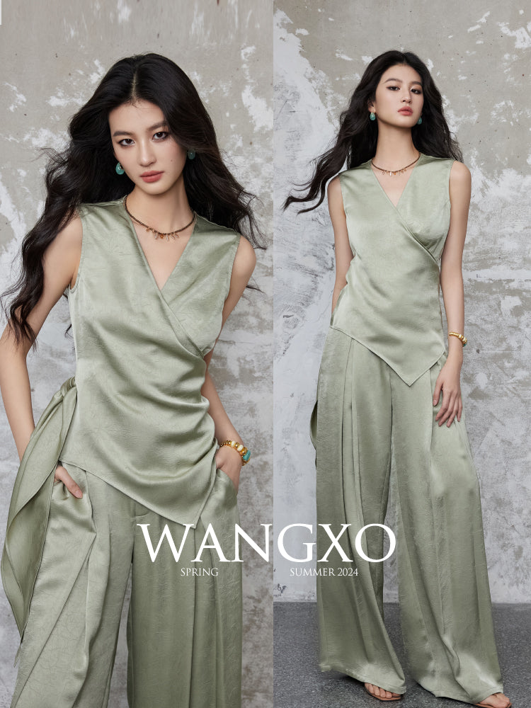 Textured Satin Wrap Top & Wide-Leg Pants Set