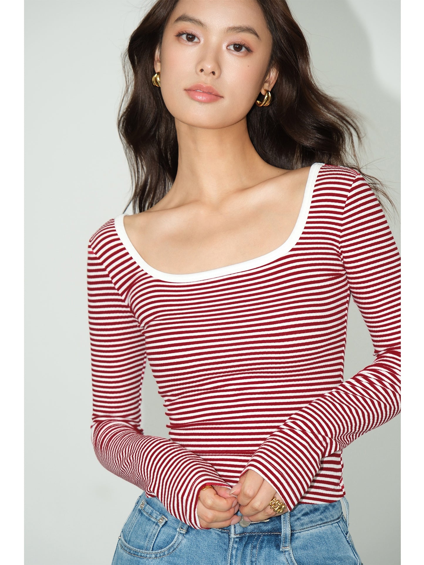 Neva Square Neck Striped Long Sleeve T-Shirt