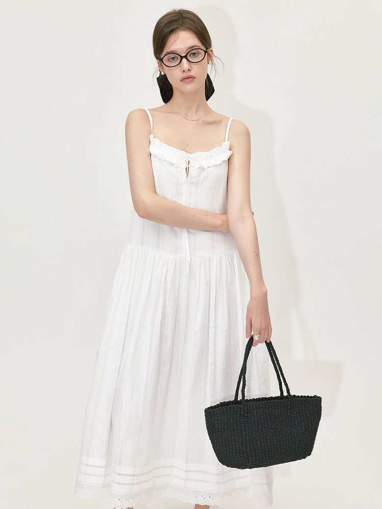 Unique Sleeveless Ruffle Trim Cotton Maxi Dress