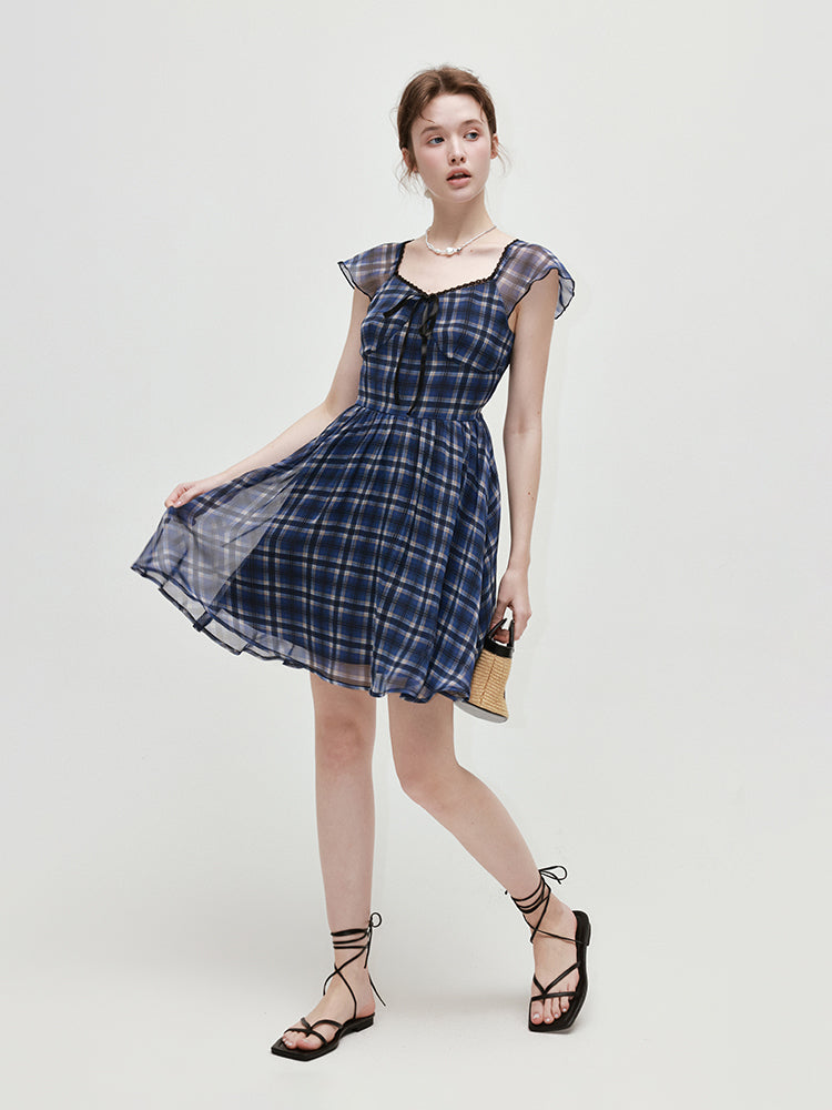 Vintage V-neck Plaid Mesh Dress