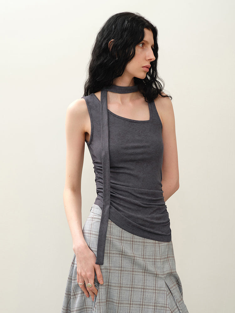 Asymmetrical Neck Ruched Tie Waist Tank Top