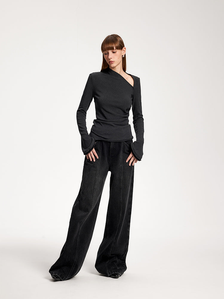 Asymmetrical Pleated Knit Top with One-Shoulder Design