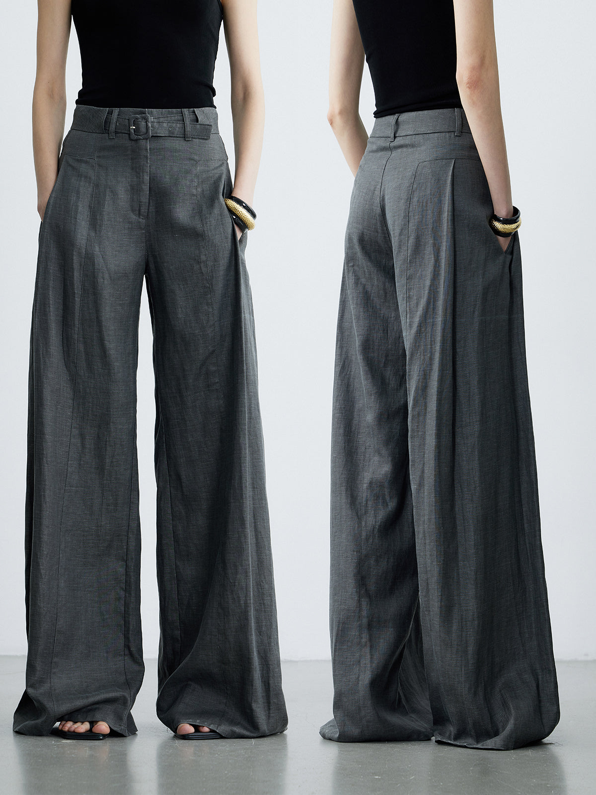 Vintage Wide-Leg Linen Pants with Belt