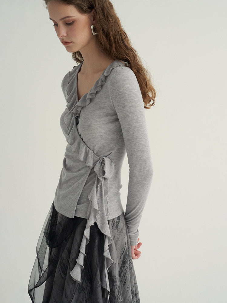 V-Neck Ruffled Wrap Sweater with Side Tie