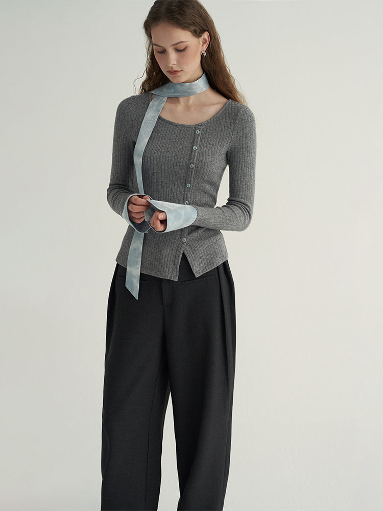 Artistic Colorblock Asymmetrical Knit Top with Draped Tie