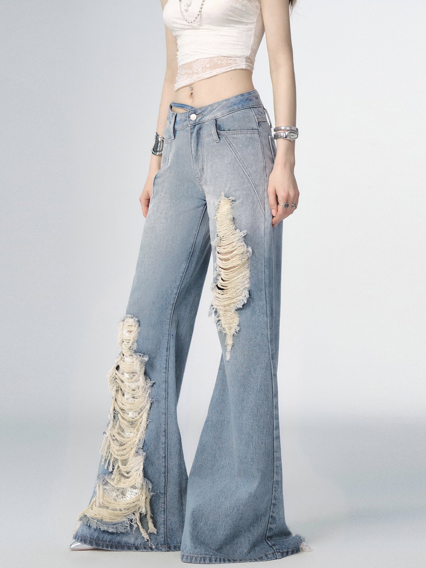 Blue Gradient Ripped Flare Jeans with Lace Trim